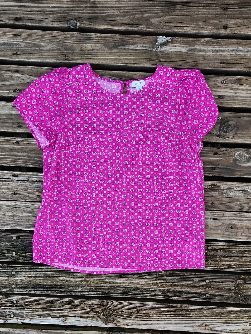 J Crew Medium Pink Geometric Floral Blouse Work Office Spring Summer Teacher Top